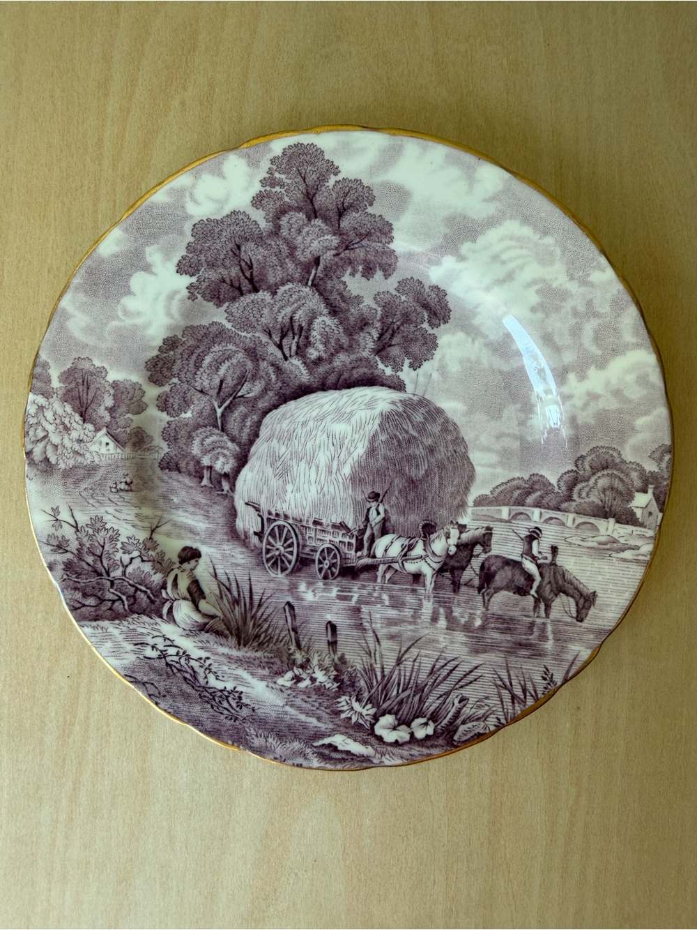 HM Sutherland Vintage China Scenic Decorative Plate in Mauve with Gold Rim